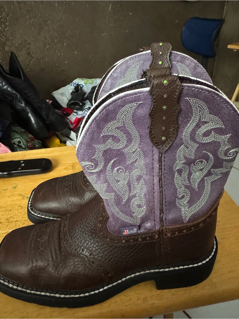 Justin Boots Brown Leather Ankle Booties with Purple Stitch-Pattern Shaft